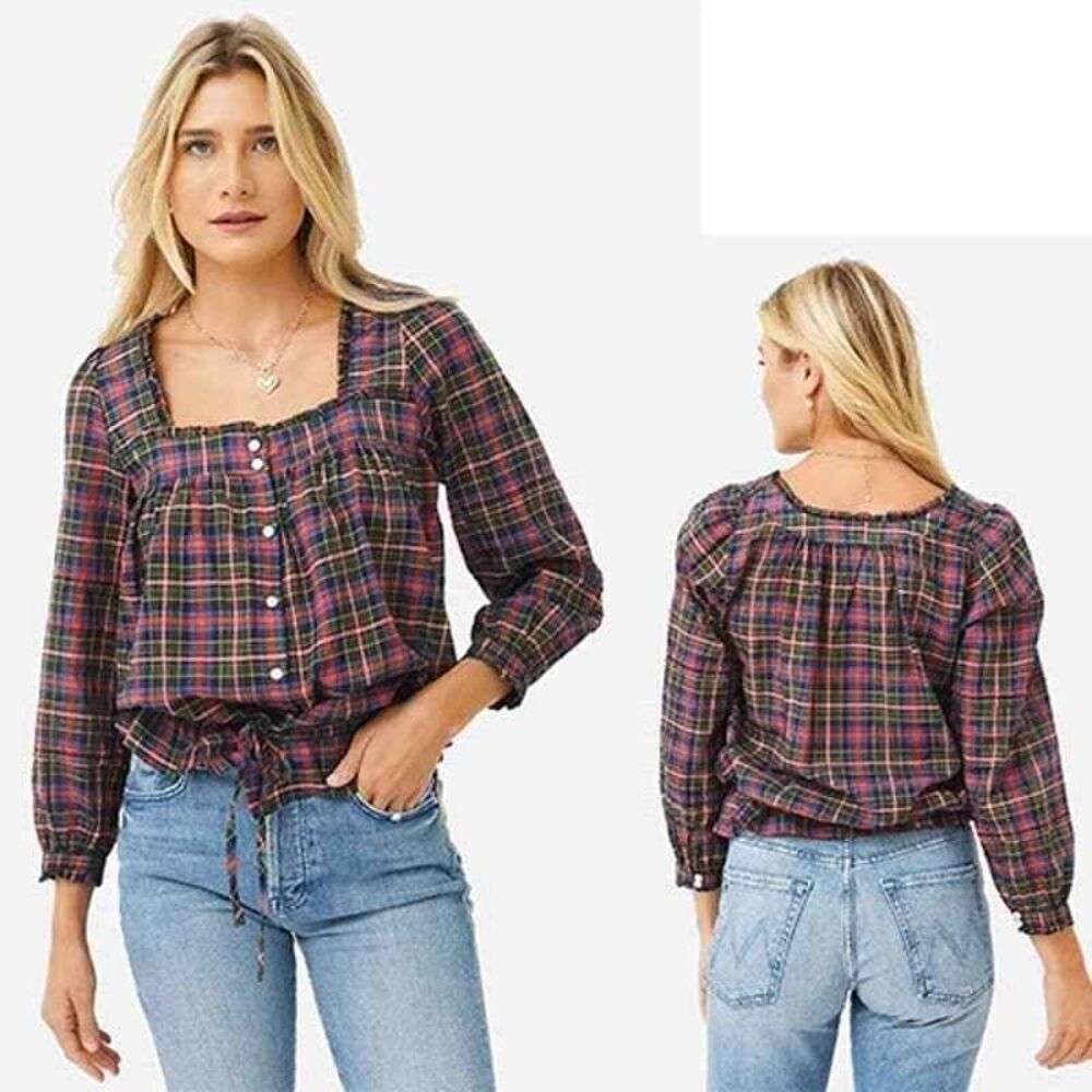 Birds of Paradis Trovata Euince Blouse Top‎ Womens Small Multicolor Plaid Square